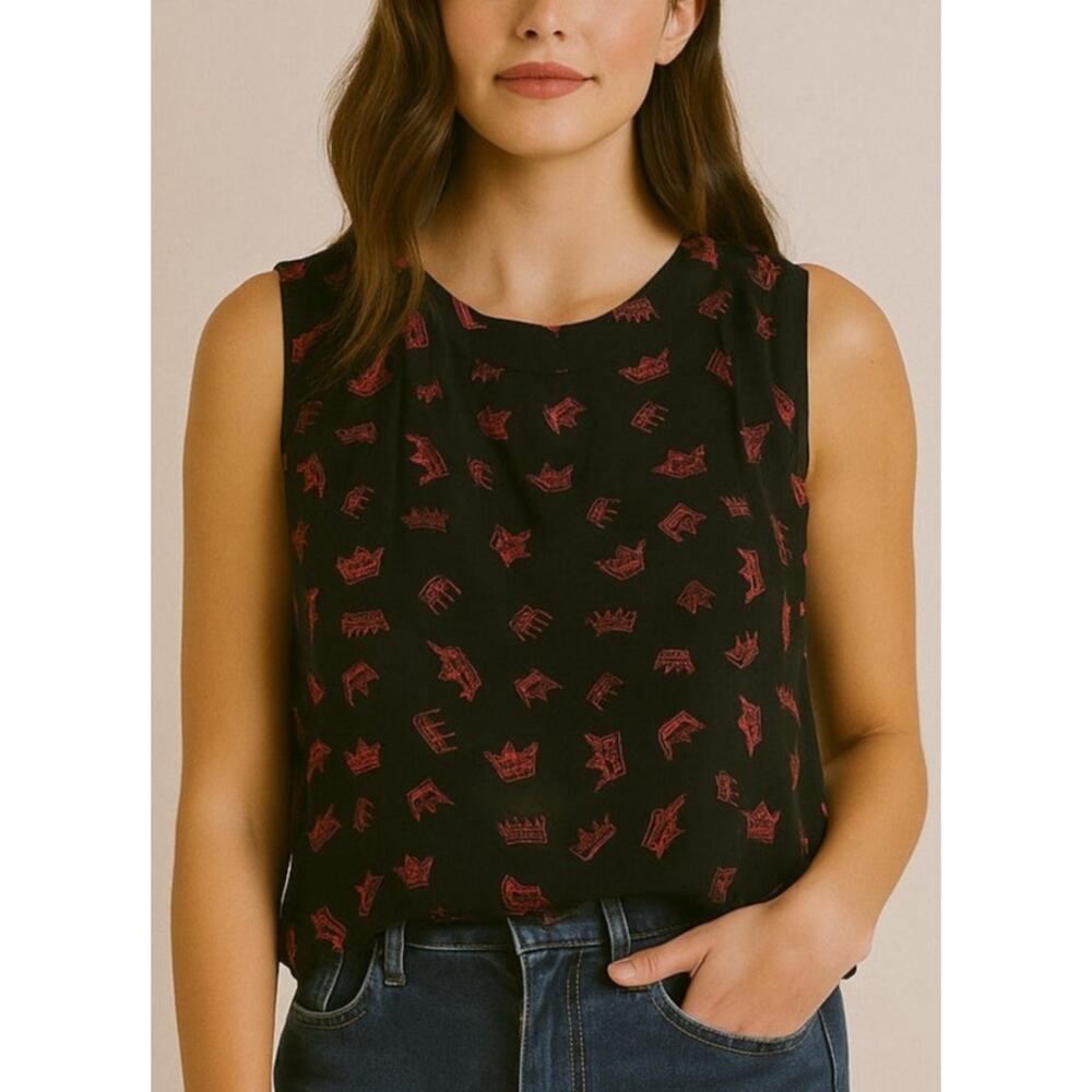 Piamita Womens Silk Sleeveless Crown Graphic Motif Blouse Large Red Black Retro